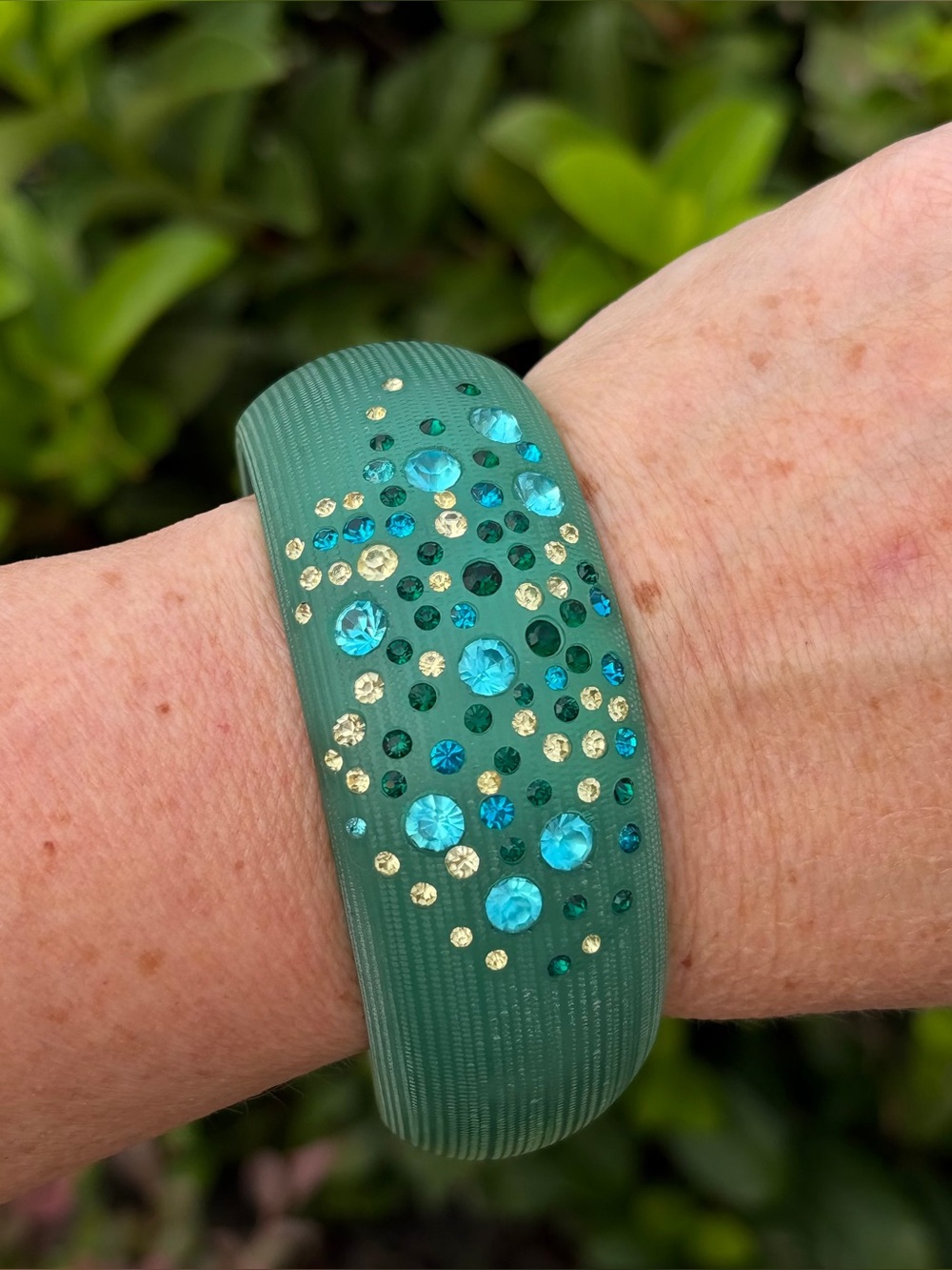 Wide Frosted Seafoam Green Resin Bangle Bracelet with Aqua & Emerald Rhinestones